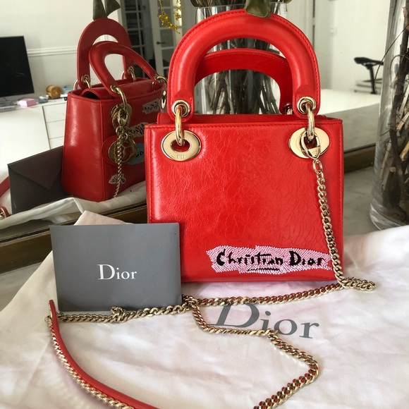 LADY DIOR- mini patent coral w/ beaded embroidery! - Picture 3 of 8